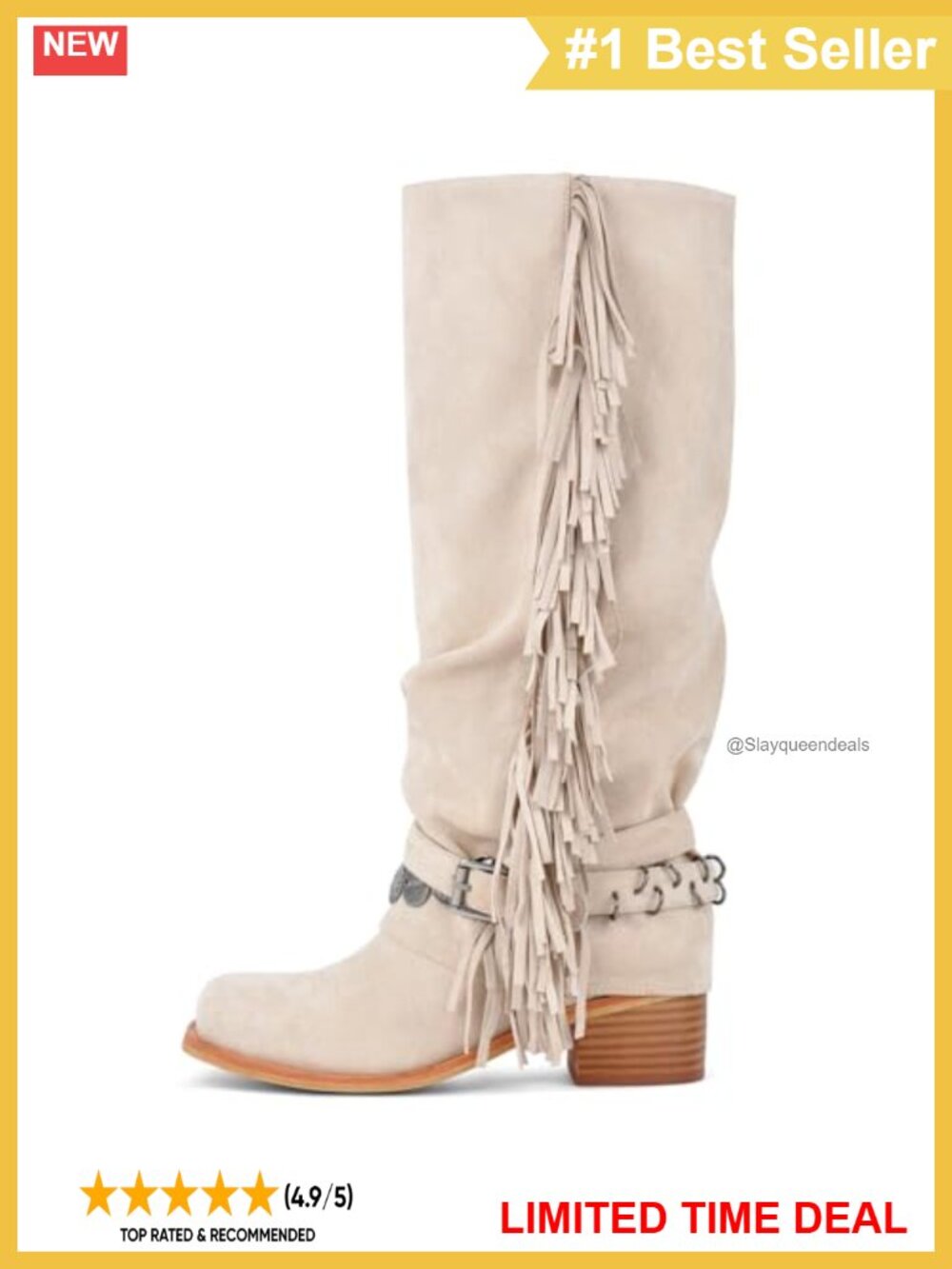Suede Knee High Riding Boots Fringe Buckle Block Heel Square Toe